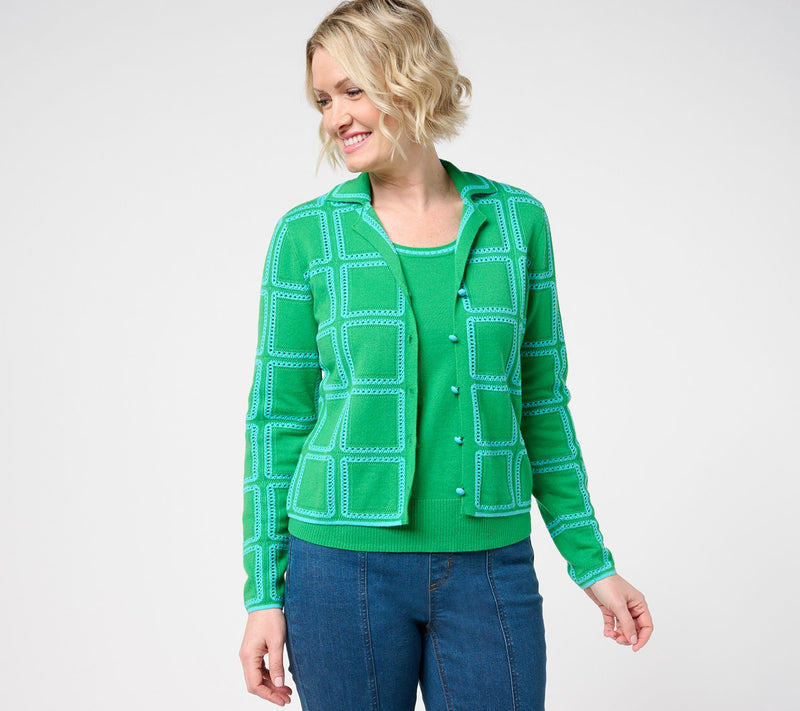 Isaac Mizrahi Live! Pointelle Check Sweater Cardigan with Collar — View 3