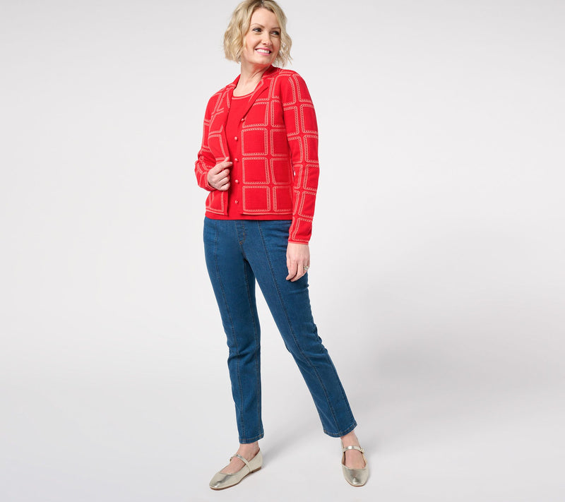 Isaac Mizrahi Live! Pointelle Check Sweater Cardigan with Collar — View 13