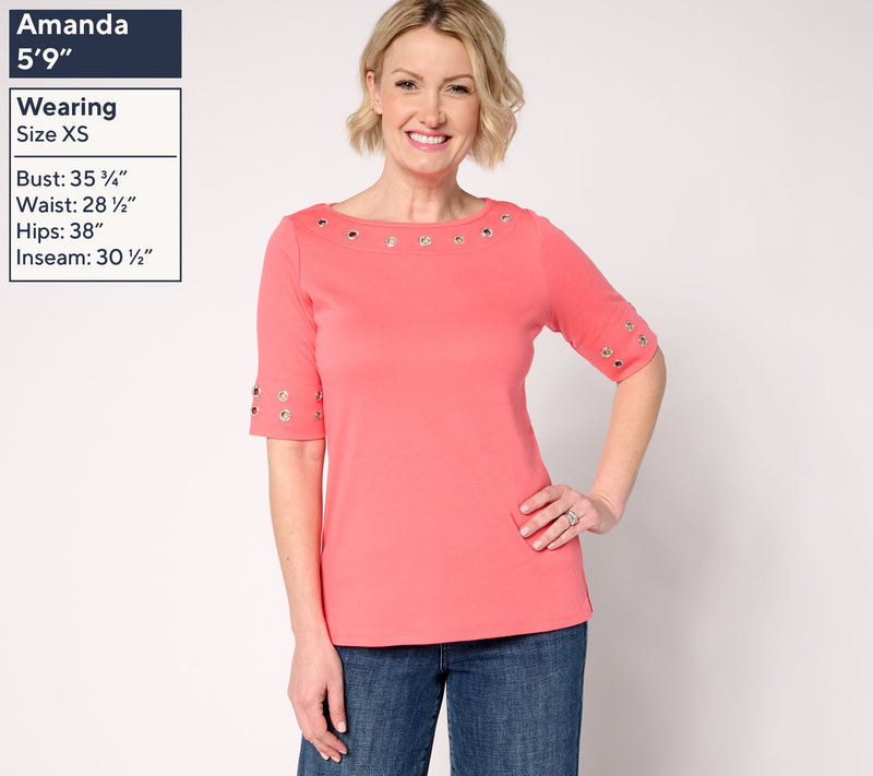 Quacker Factory Grommet Bateau Neckline Elbow Sleeve Top — View 3