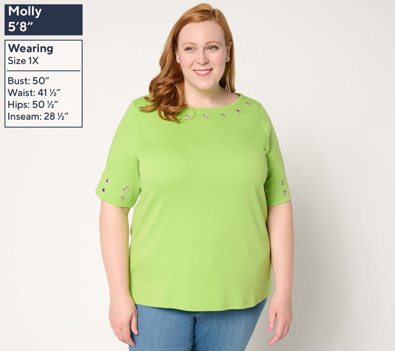 Quacker Factory Grommet Bateau Neckline Elbow Sleeve Top — View 2