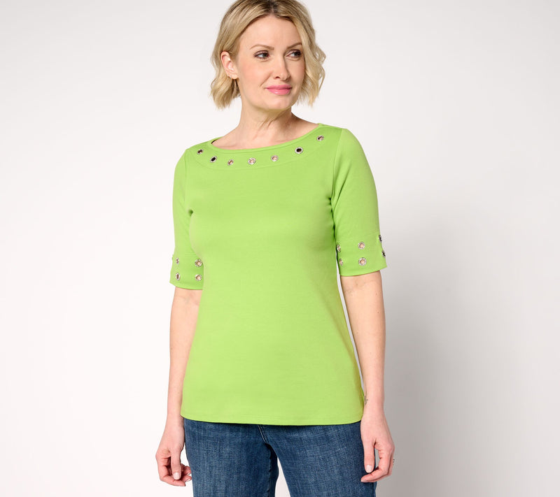 Quacker Factory Grommet Bateau Neckline Elbow Sleeve Top — View 11