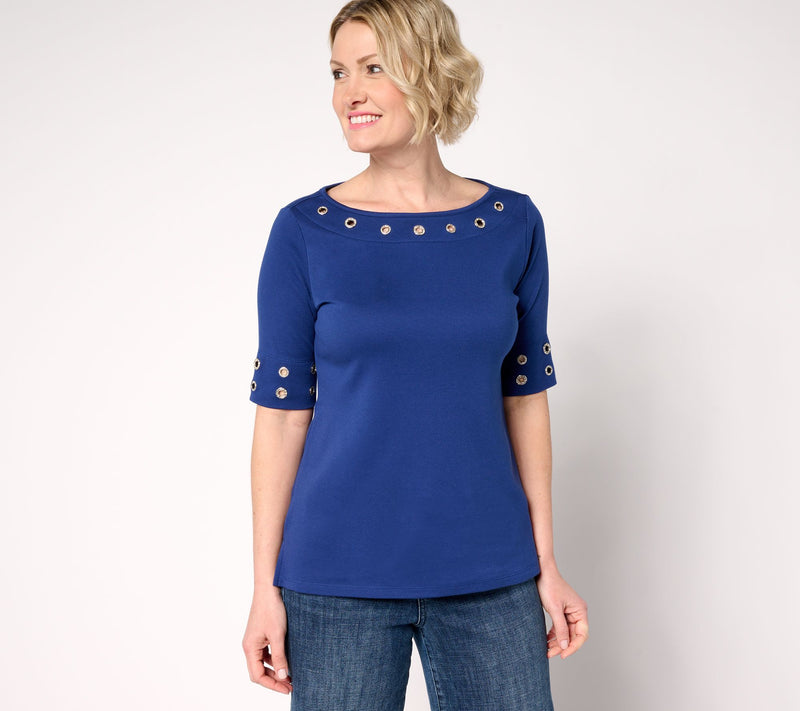 Quacker Factory Grommet Bateau Neckline Elbow Sleeve Top — View 12