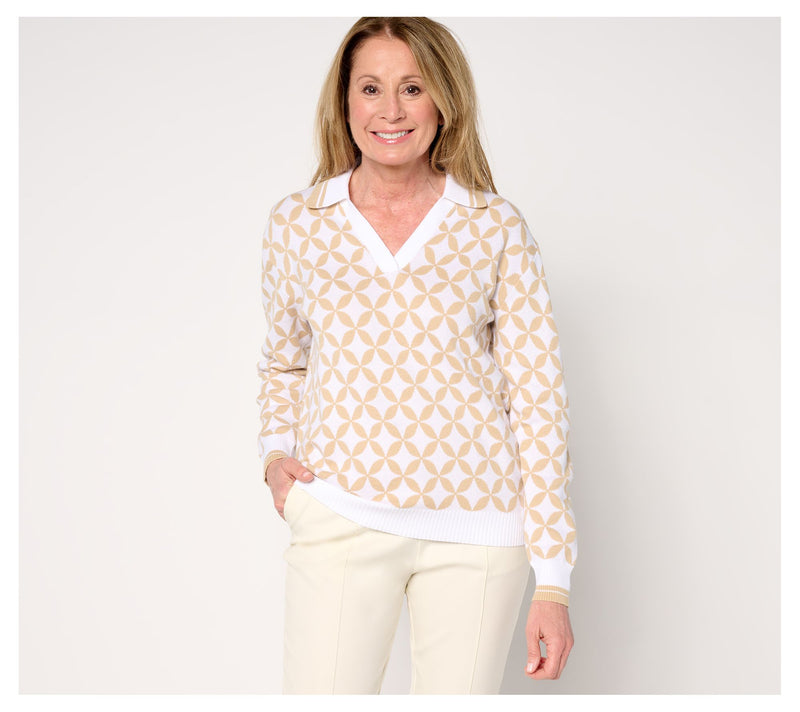 Isaac Mizrahi Live! Clubhouse Geo Print Long Sleeve Polo Sweater — View 15