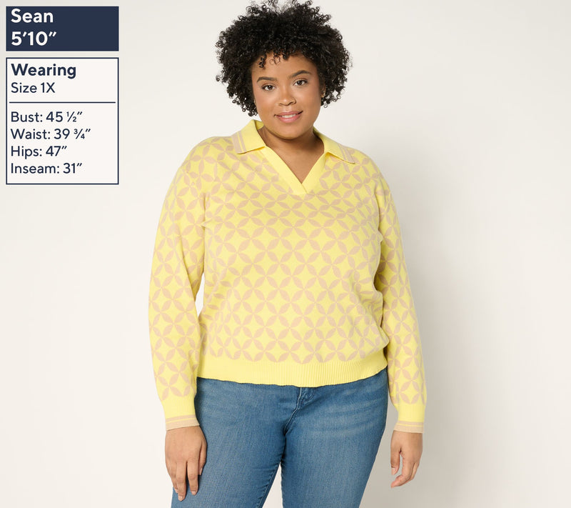 Isaac Mizrahi Live! Clubhouse Geo Print Long Sleeve Polo Sweater — View 3