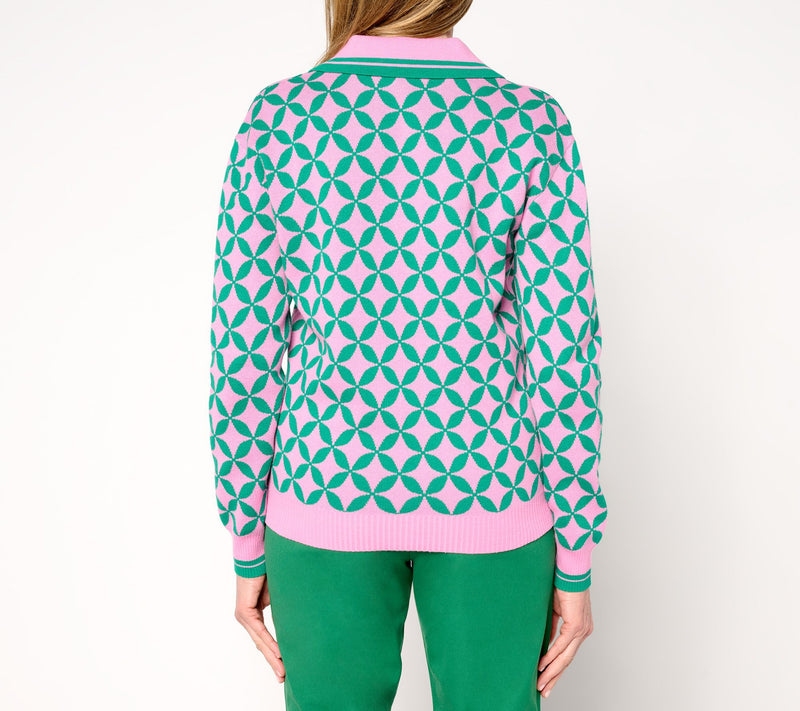 Isaac Mizrahi Live! Clubhouse Geo Print Long Sleeve Polo Sweater — View 5
