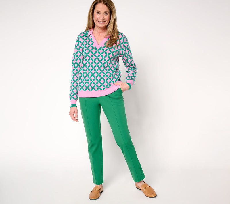 Isaac Mizrahi Live! Clubhouse Geo Print Long Sleeve Polo Sweater — View 6