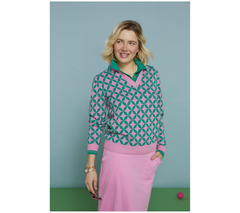Isaac Mizrahi Live! Clubhouse Geo Print Long Sleeve Polo Sweater — View 8