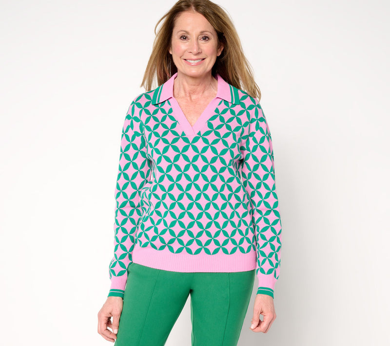 Isaac Mizrahi Live! Clubhouse Geo Print Long Sleeve Polo Sweater — View 2