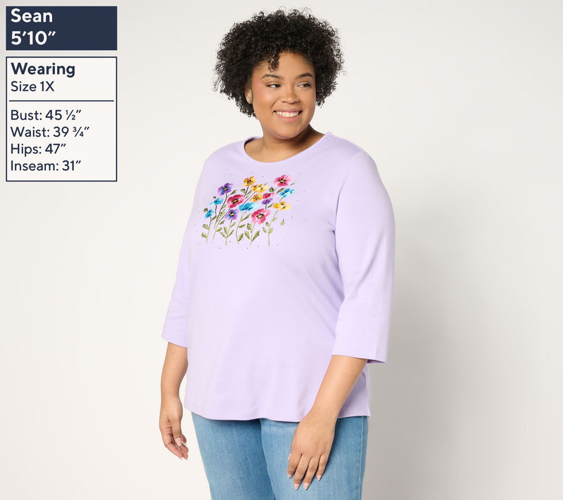 Quacker Factory Wildflower Fields Embroidered 3/4 Sleeve Top — View 2