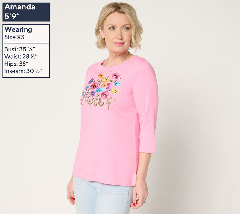 Quacker Factory Wildflower Fields Embroidered 3/4 Sleeve Top — View 3