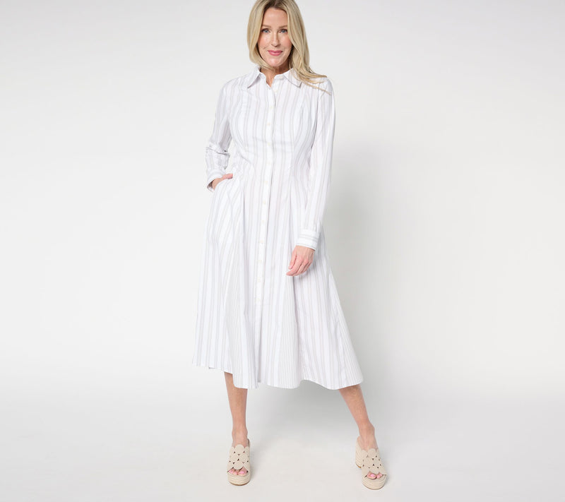 Women with Control Regular Poplin Godet Button Front Midi Dress — View 11