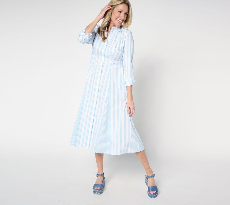Women with Control Petite Poplin Godet Button Front Midi Dress — View 10