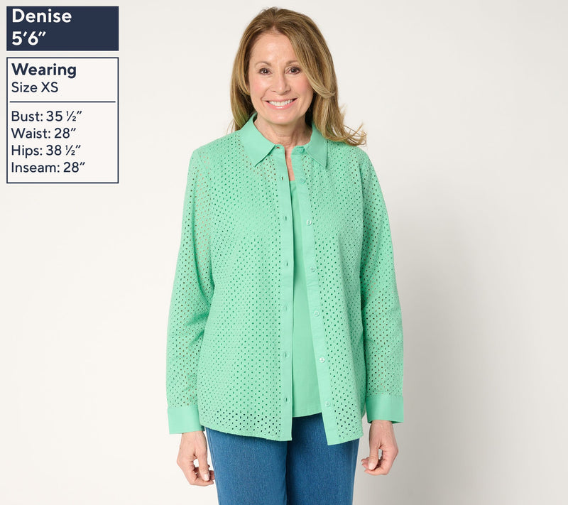 Denim & Co. Cotton Button Front Eyelet Shirt and Tank Set — View 9