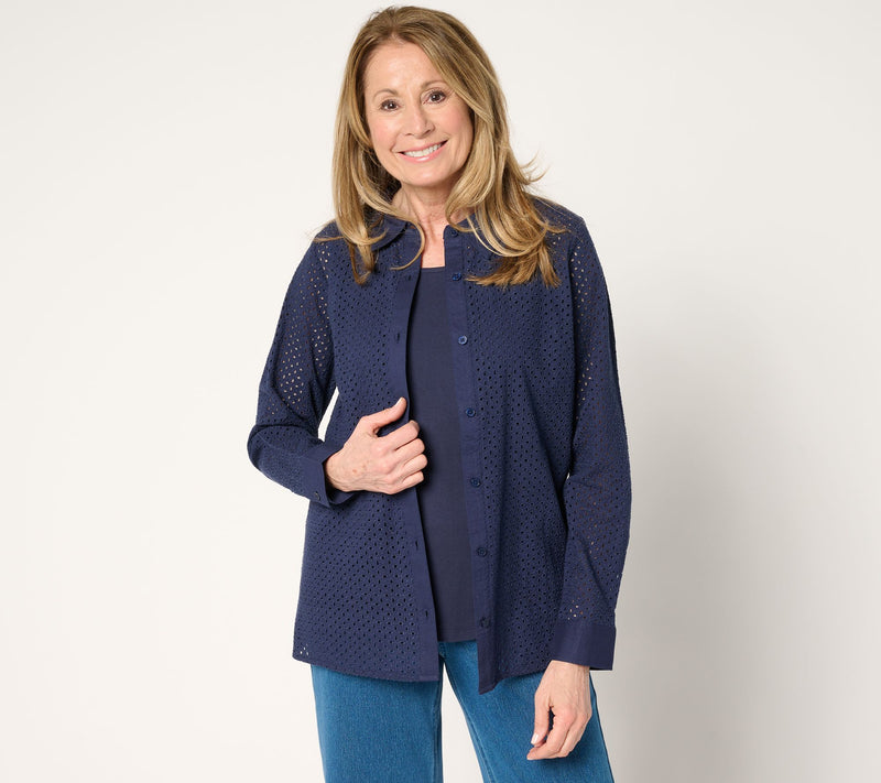 Denim & Co. Cotton Button Front Eyelet Shirt and Tank Set — View 7