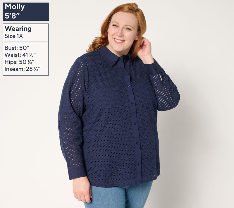 Denim & Co. Cotton Button Front Eyelet Shirt and Tank Set — View 8