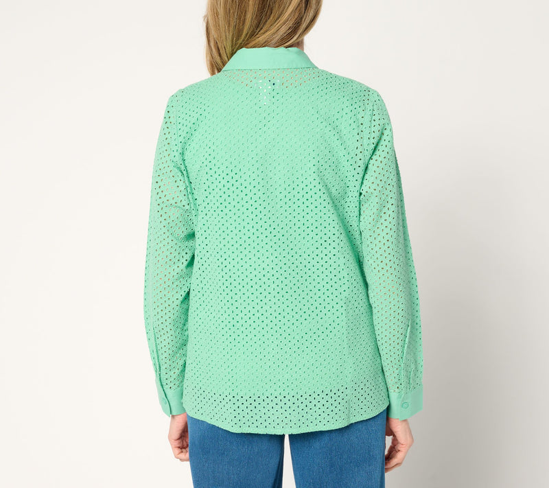 Denim & Co. Cotton Button Front Eyelet Shirt and Tank Set — View 10
