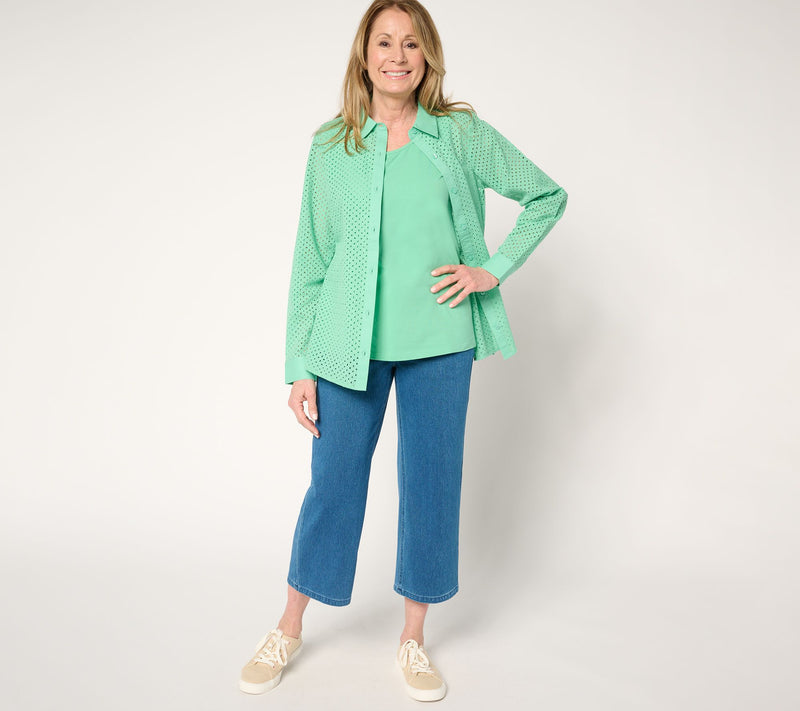 Denim & Co. Cotton Button Front Eyelet Shirt and Tank Set — View 11