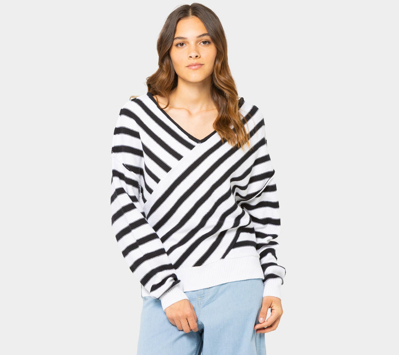 Peace Love World Overlap Stripe V-Neck Sweater — View 8