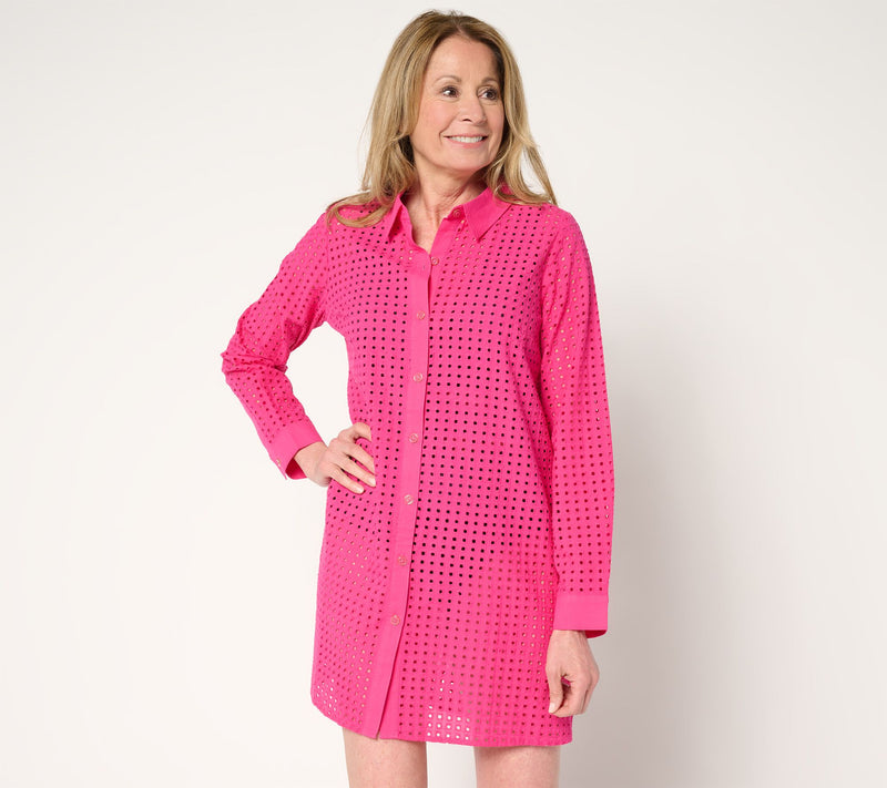 Susan Graver Soleil Petite Eyelet Button Front Cover-Up — View 12