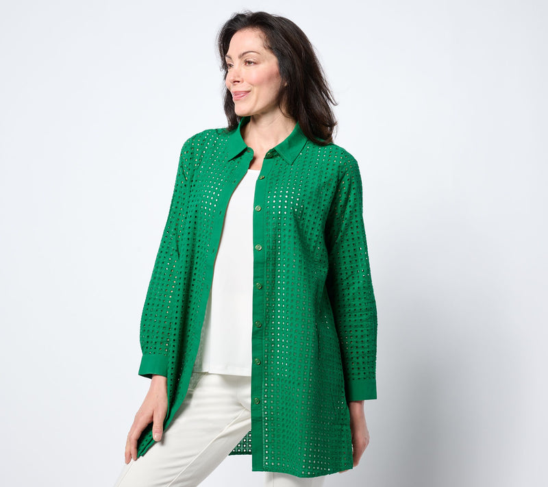 Susan Graver Soleil Petite Eyelet Button Front Cover-Up — View 14