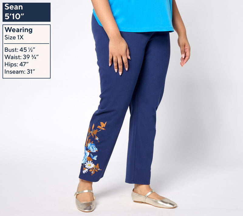 Women with Control Tummy Control Regular Denim Pants with Embroidery — View 2