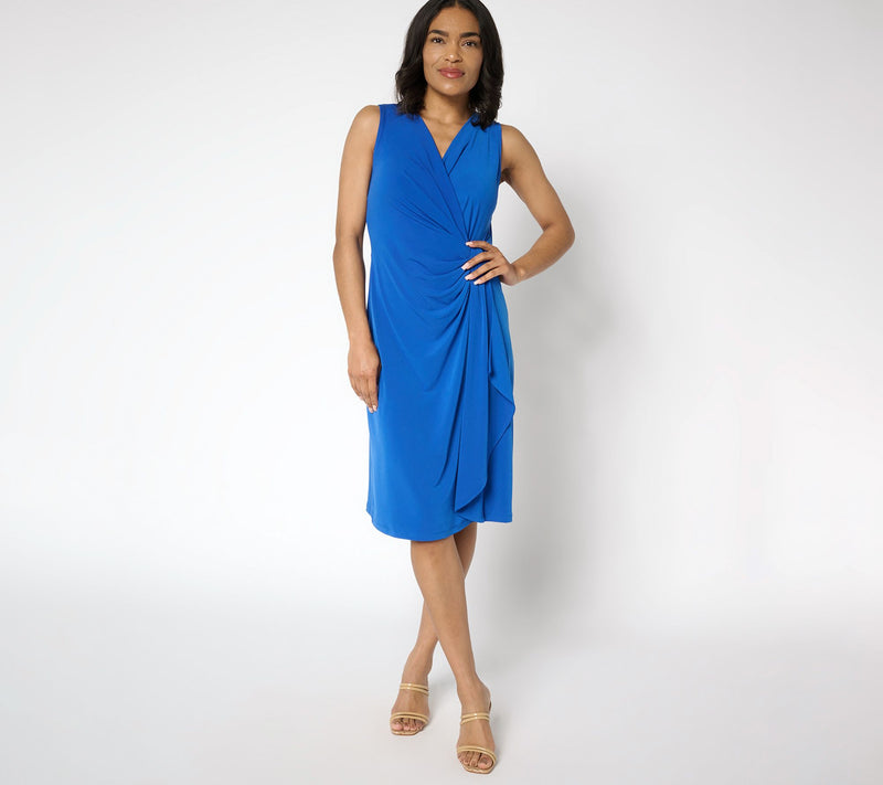 Susan Graver Petite Liquid Knit Faux Wrap Cascade Dress — View 3