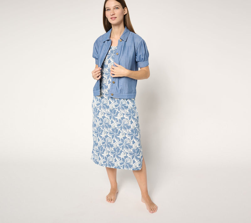 MUK LUKS Stretch Faux Denim Topper & Rib Knit Lounge Dress — View 3