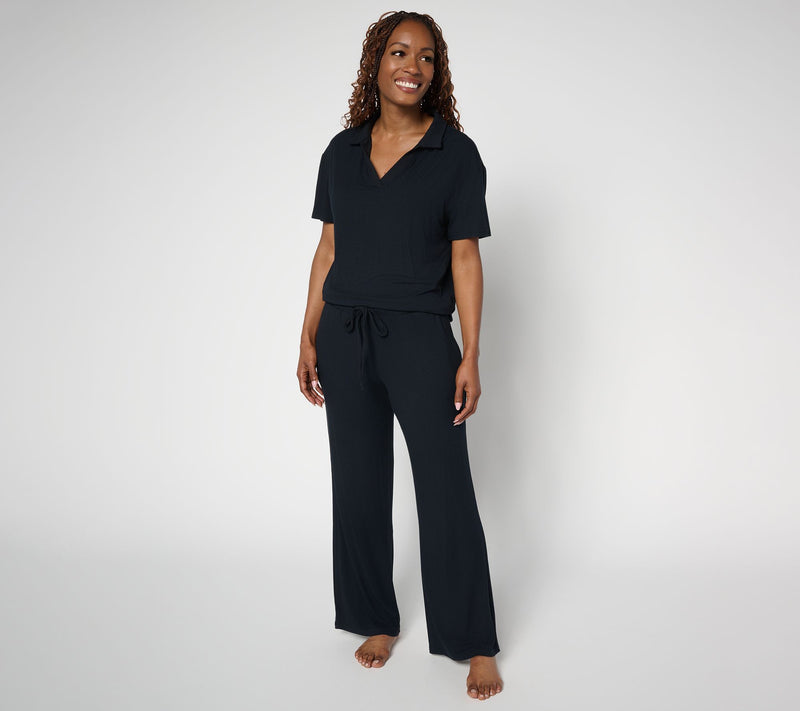 MUK LUKS Rib Knit Short Sleeve Collared Lounge Set — View 5