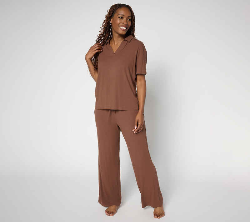 MUK LUKS Rib Knit Short Sleeve Collared Lounge Set — View 11
