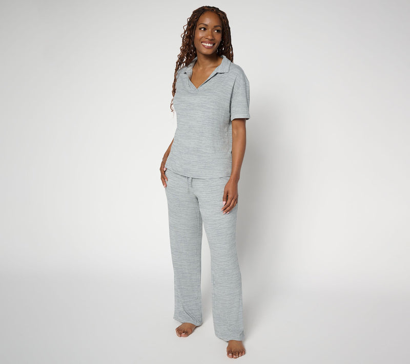 MUK LUKS Rib Knit Short Sleeve Collared Lounge Set — View 7
