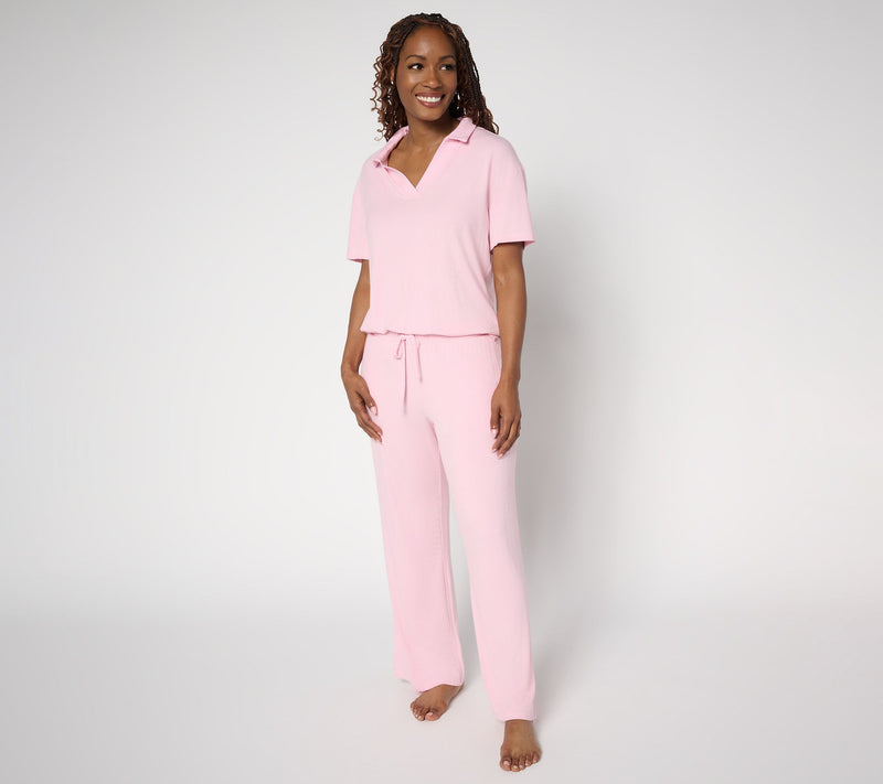 MUK LUKS Rib Knit Short Sleeve Collared Lounge Set — View 3