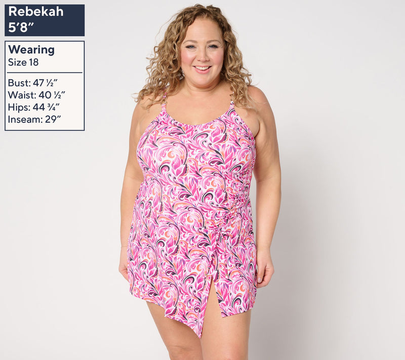 Susan Graver Soleil Ruched Swim Dress with Gold Hardware — View 6