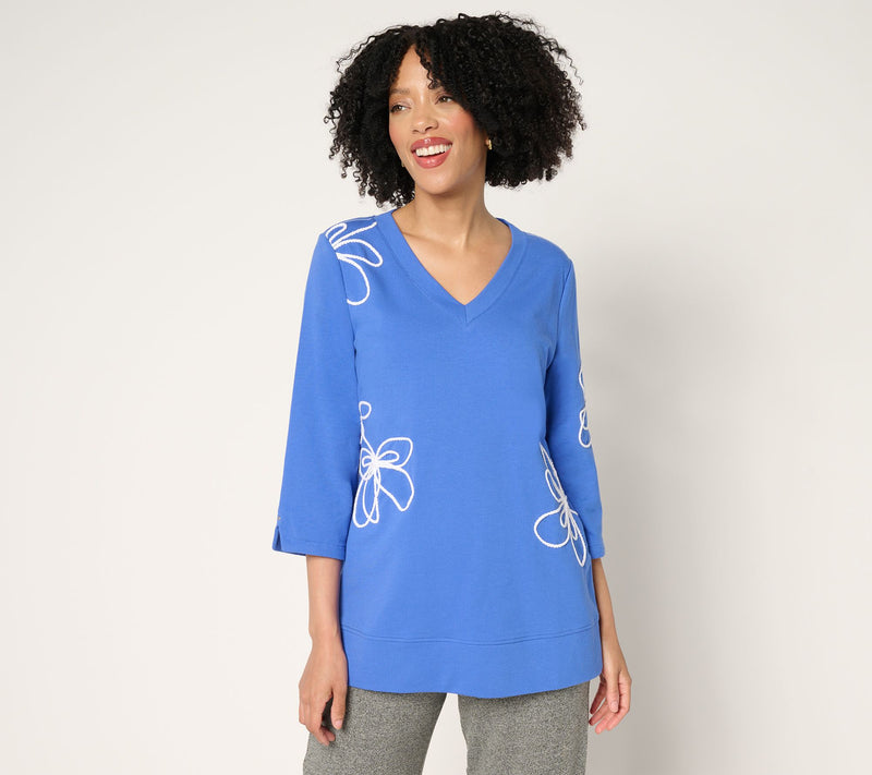 Sport Savvy French Terry V-Neck Top with Floral Soutache — View 9