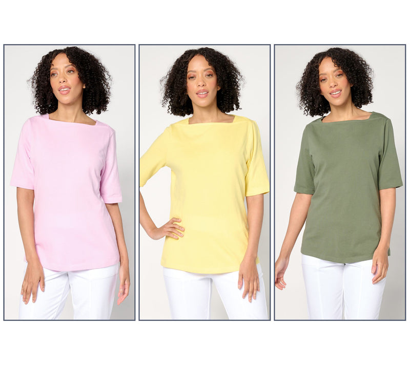 Denim & Co. Essentials True Cotton 3-Pack Envelope Tops — Main view