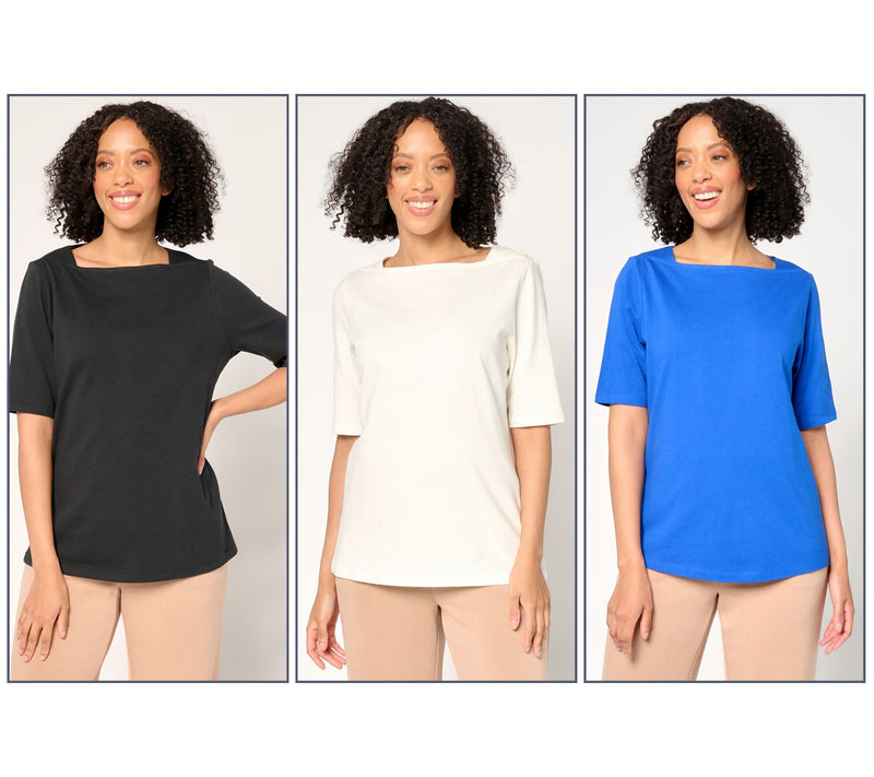 Denim & Co. Essentials True Cotton 3-Pack Envelope Tops — View 5