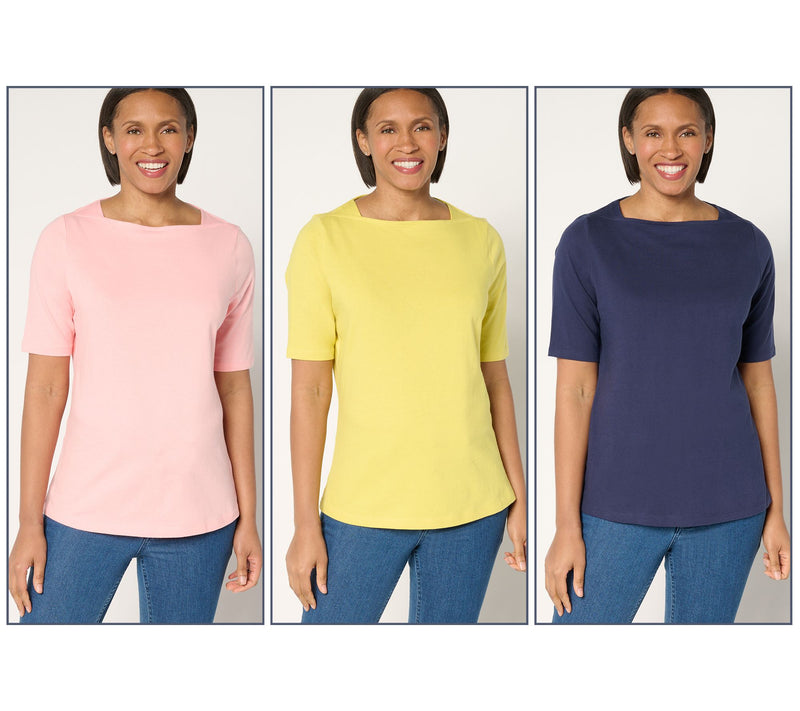 Denim & Co. Essentials True Cotton 3-Pack Envelope Tops — View 7