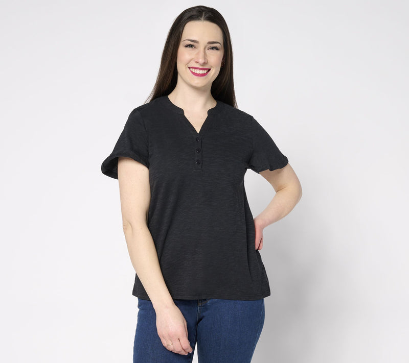 Denim & co. Linen Blend Flutter Sleeve Printed or Solid Top — View 9
