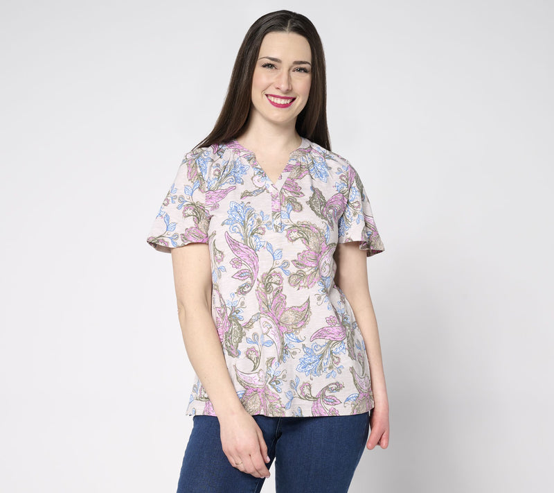 Denim & co. Linen Blend Flutter Sleeve Printed or Solid Top — View 7