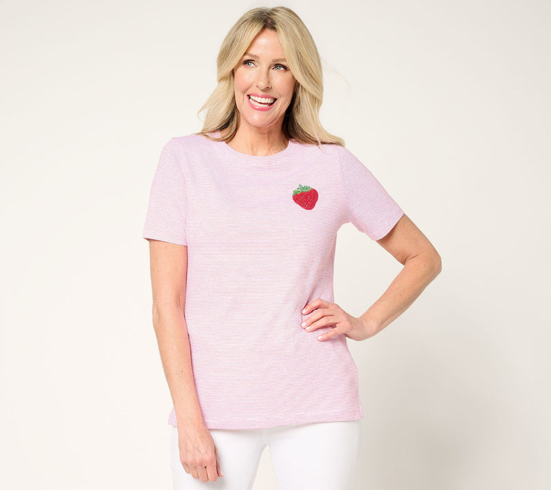 Denim & Co. Yarn-Dye Cotton Jersey Short-Sleeve Embellished Top — View 3