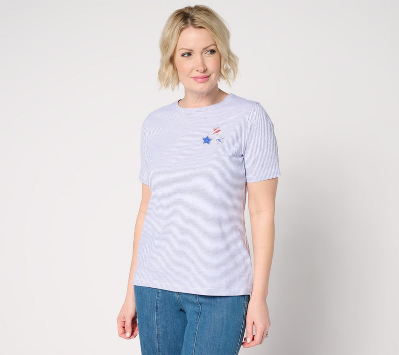 Denim & Co. Yarn-Dye Cotton Jersey Short-Sleeve Embellished Top — View 12