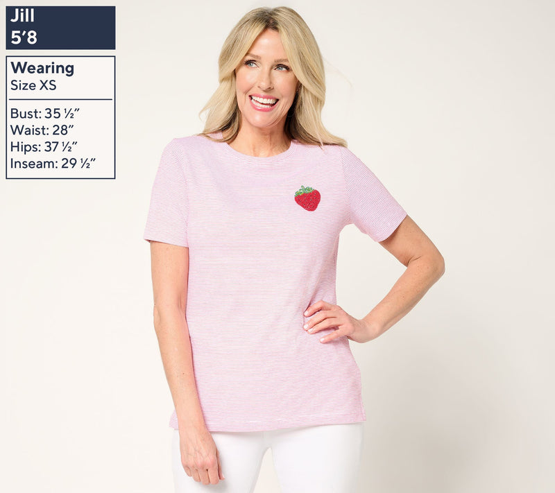 Denim & Co. Yarn-Dye Cotton Jersey Short-Sleeve Embellished Top — View 5