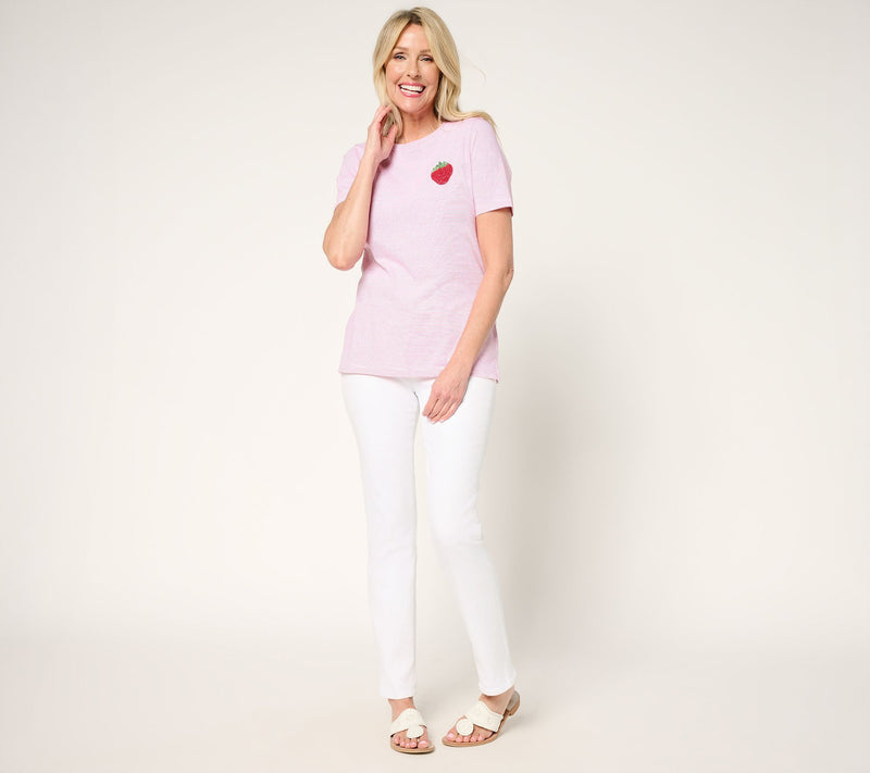 Denim & Co. Yarn-Dye Cotton Jersey Short-Sleeve Embellished Top — View 7
