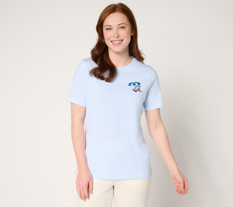 Denim & Co. Yarn-Dye Cotton Jersey Short-Sleeve Embellished Top — View 2