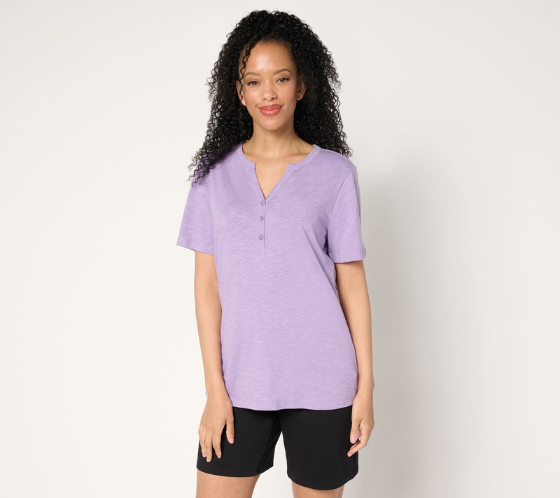 Denim & Co. Essentials Linen Blend Short Sleeve Henley — View 3