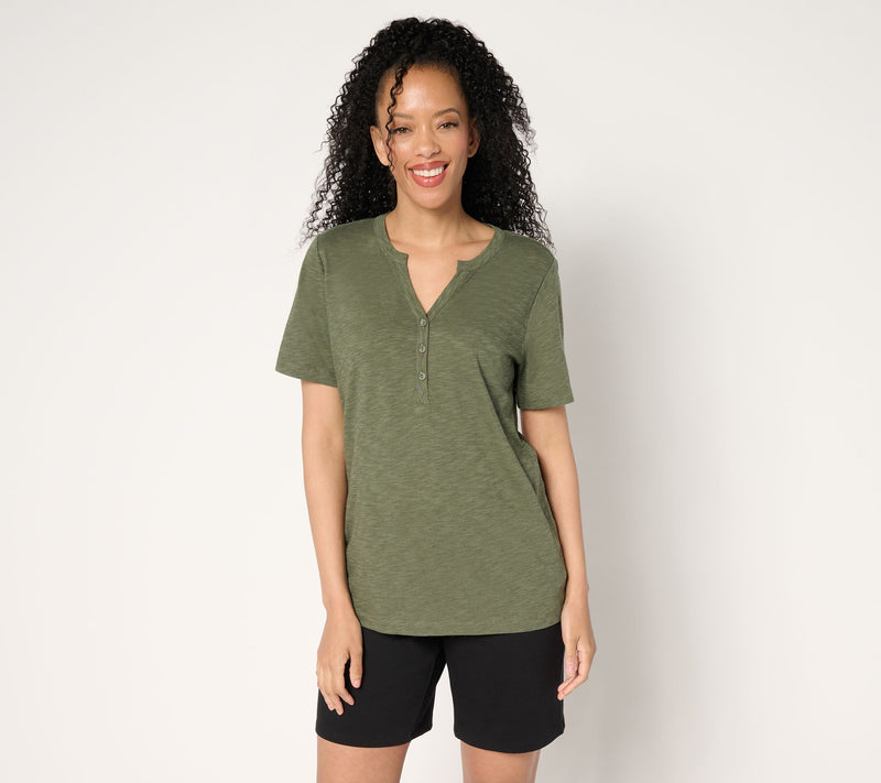 Denim & Co. Essentials Linen Blend Short Sleeve Henley — View 11