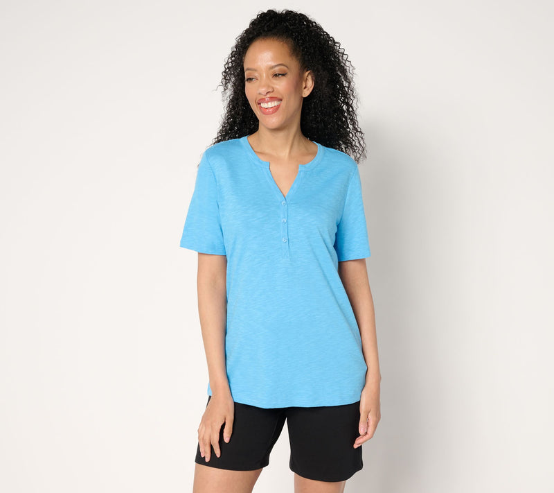 Denim & Co. Essentials Linen Blend Short Sleeve Henley — View 9