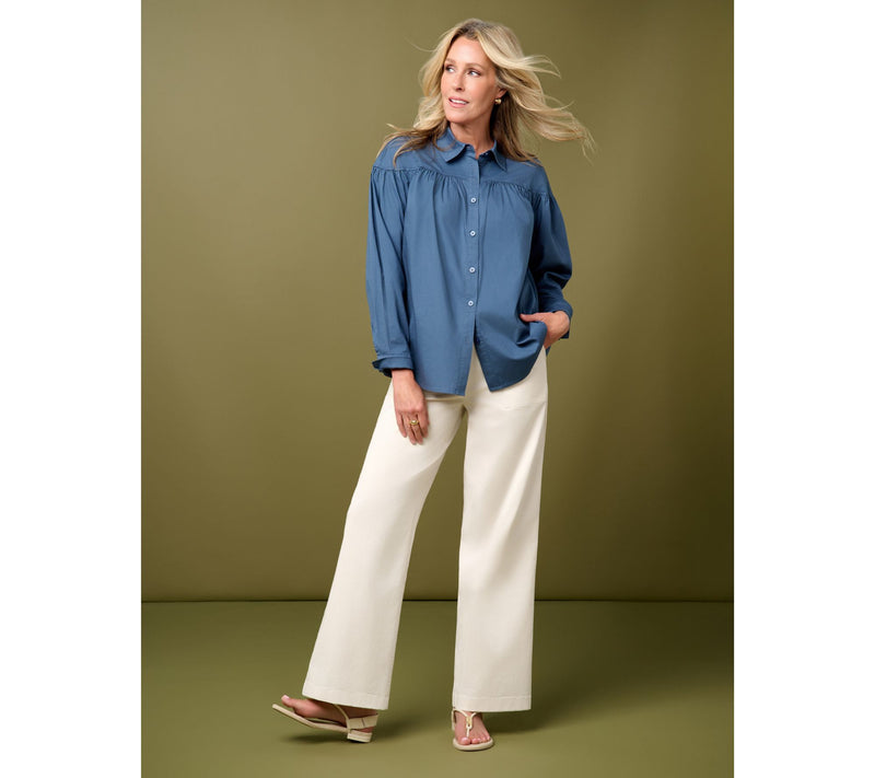 Martha Stewart Signature Shirred Woven Button Front Collared Top — View 15