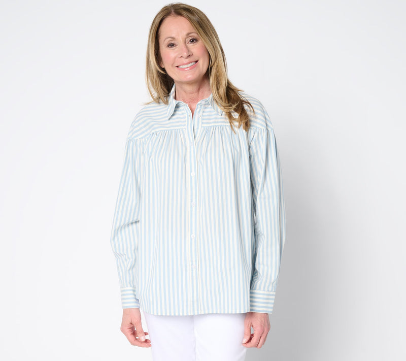 Martha Stewart Signature Shirred Woven Button Front Collared Top — View 5