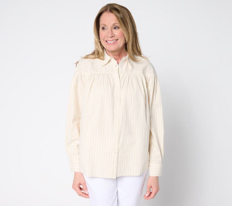 Martha Stewart Signature Shirred Woven Button Front Collared Top — View 7