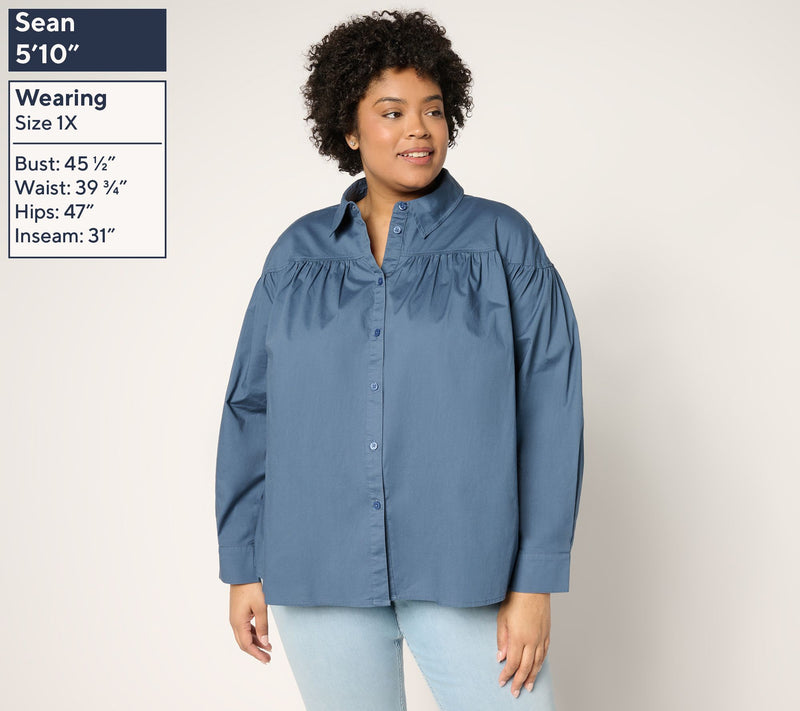Martha Stewart Signature Shirred Woven Button Front Collared Top — View 10